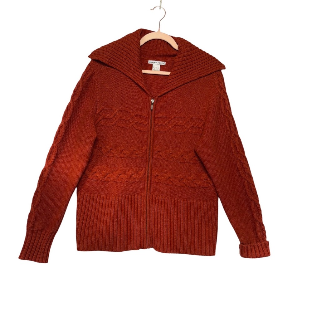 Jillian Jones Lambs Wool Large Rust Orange Cable Knit Full Zip Cardigan Sweater